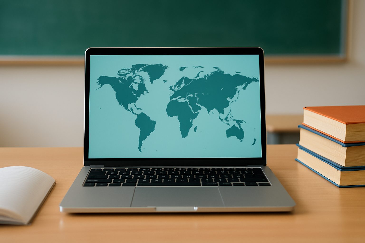 A laptop displaying a map of the world on a wooden desk with stacked books and an open notebook nearby.